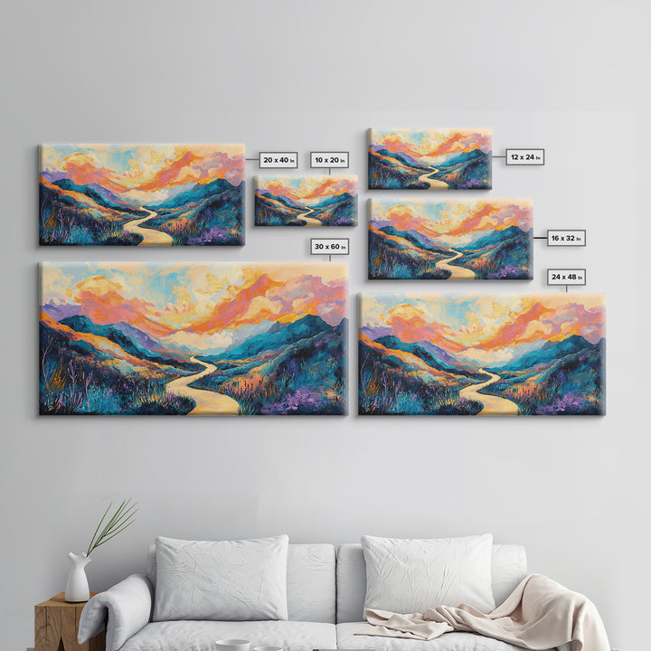 Abstract Landscape, Vibrant Sunset, Mountain Painting, Canvas Print, Extra Wide Art, Panoramic Art, Bedroom Art, Above Sofa Art