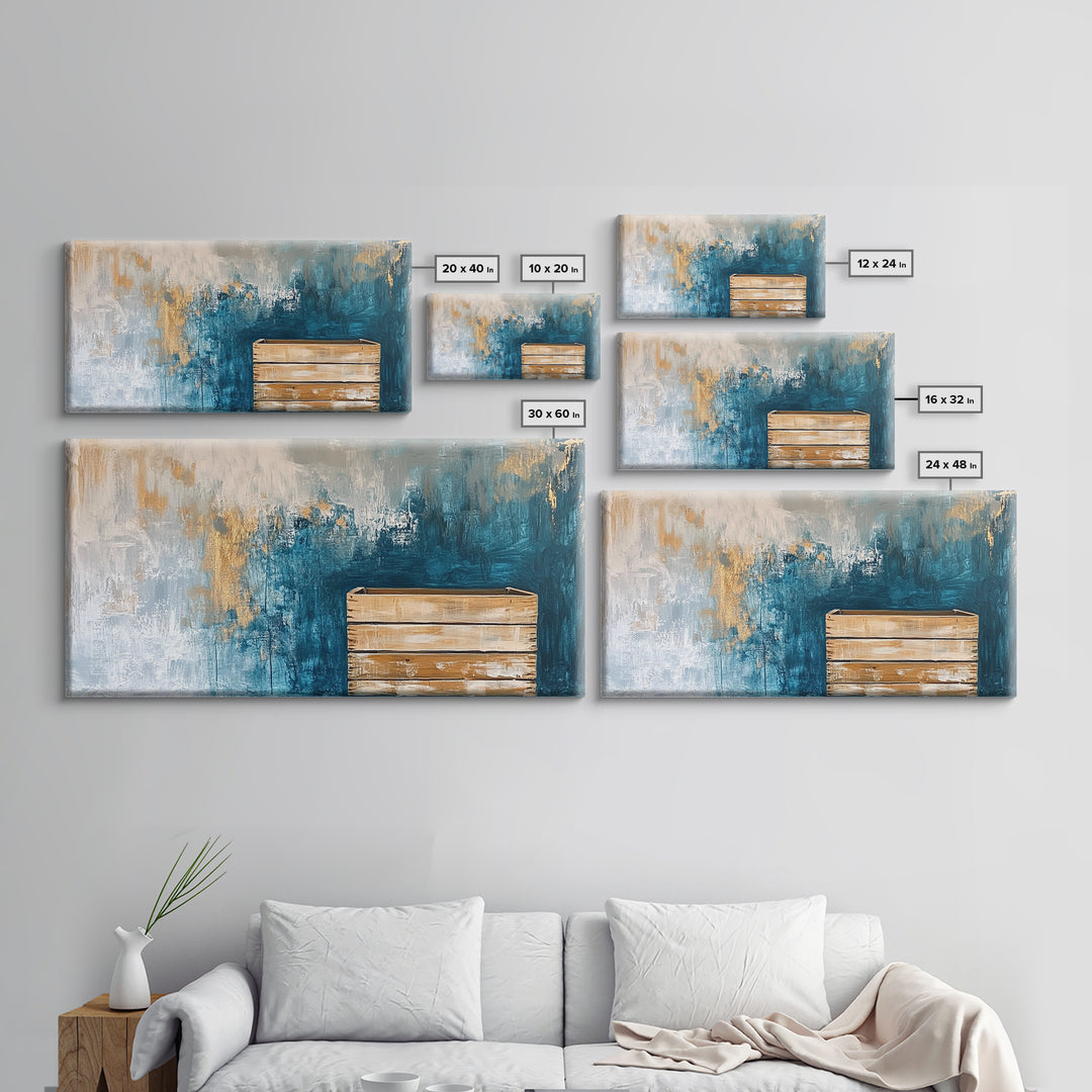 Abstract Rustic Art, Blue Gold Textured, Canvas Print, Wabi Sabi Art, Minimalist Art, Therapy Art, Extra Wide Art, Modern Decor