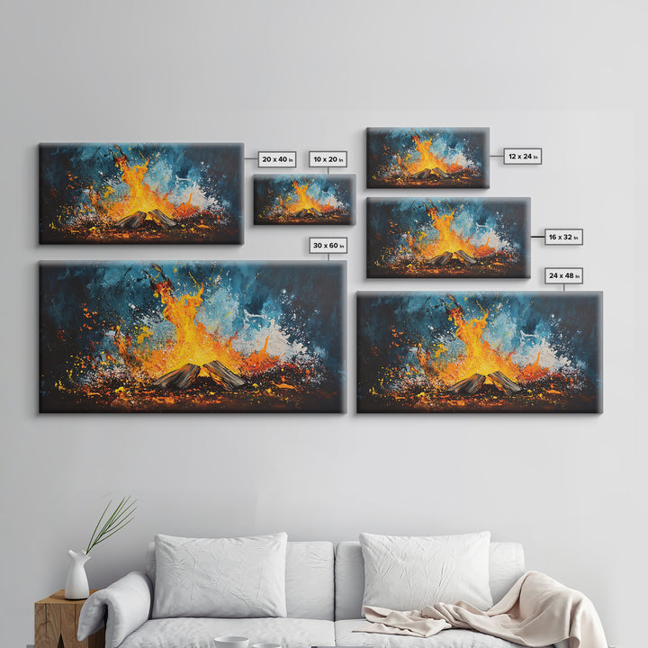 Abstract fire, moody art, geometric wall art, boho decor, flame painting, rustic wall art, extra wide art, framed canvas print, teal wall art