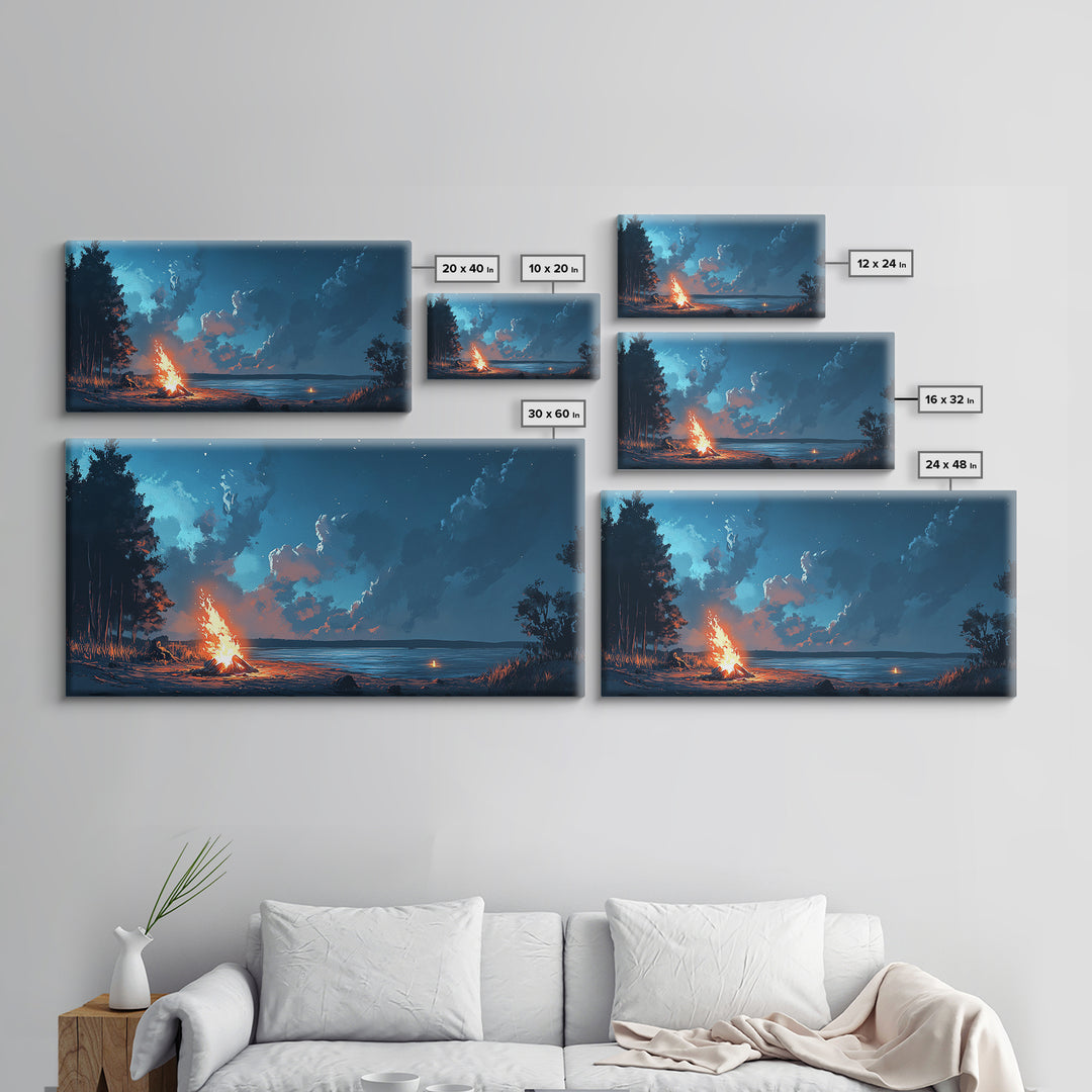 Campfire by lake, coastal decor, nautical wall art, scenic night, moody painting, extra wide art, panoramic art, canvas print, above sofa art