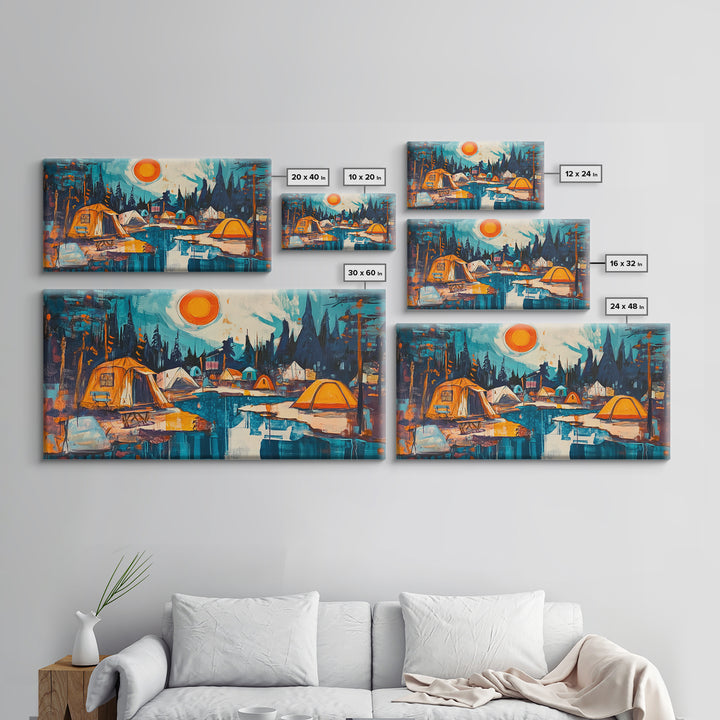Camping painting, rustic wall art, pine tree art, mountain painting, nature lovers, warm glow, framed canvas print, wabi sabi art, moody art