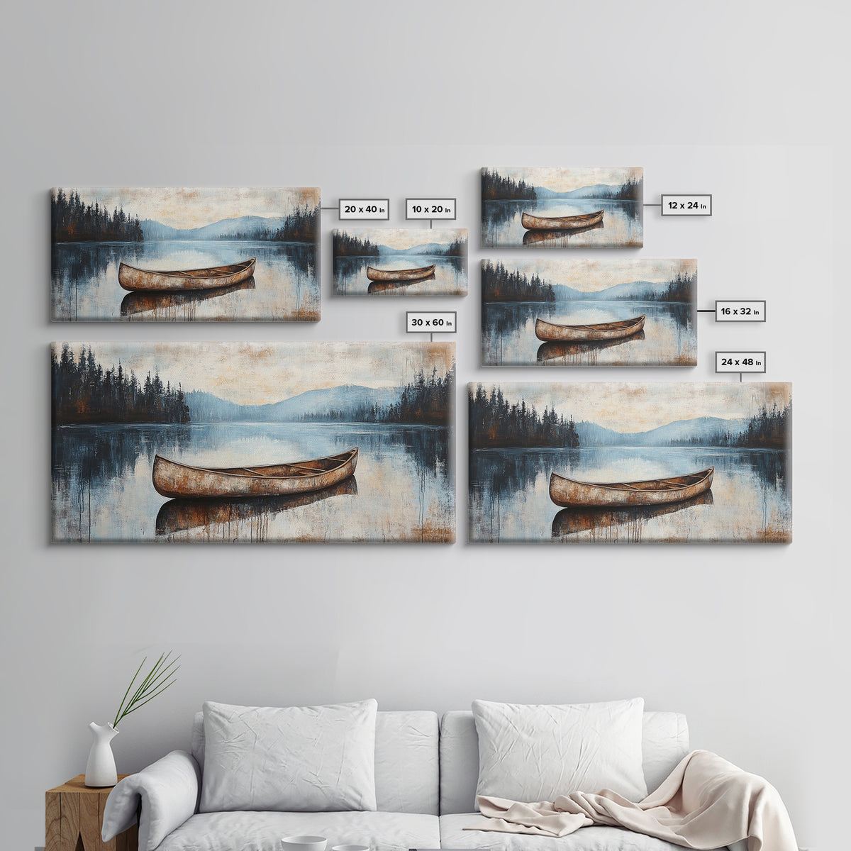 Canoe painting, lake decor, mountain painting, rustic wall art, serene landscape, farmhouse art, extra wide art, framed canvas print, nautical