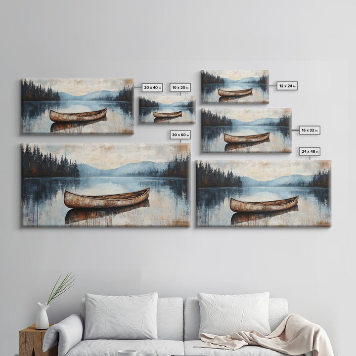 Canoe painting, lake decor, mountain painting, rustic wall art, serene landscape, farmhouse art, extra wide art, framed canvas print, nautical