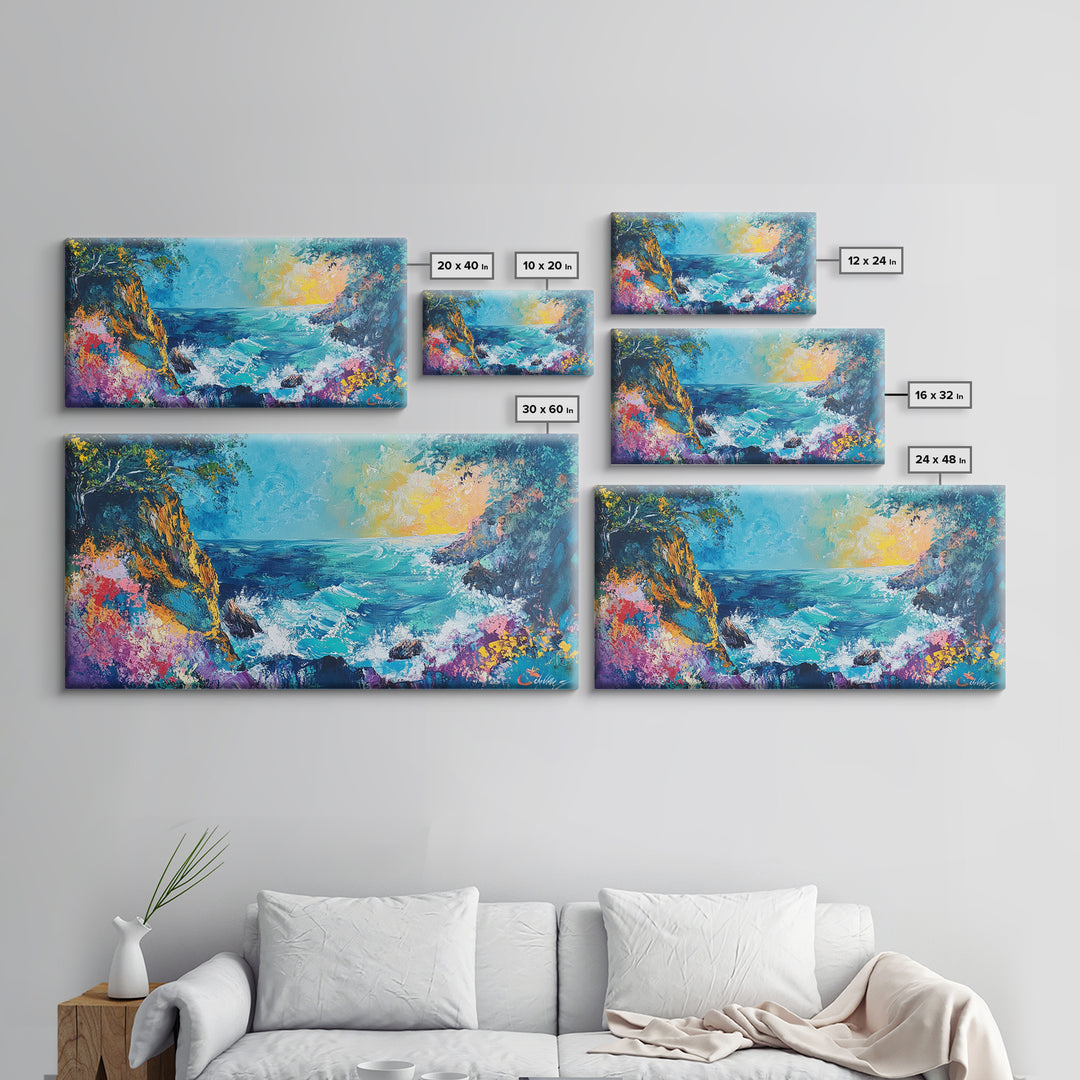 Coastal Cliff, vibrant ocean painting, surf wall art, Hawaii art, seascape painting, colorful beach art, Framed Canvas Print, extra wide art