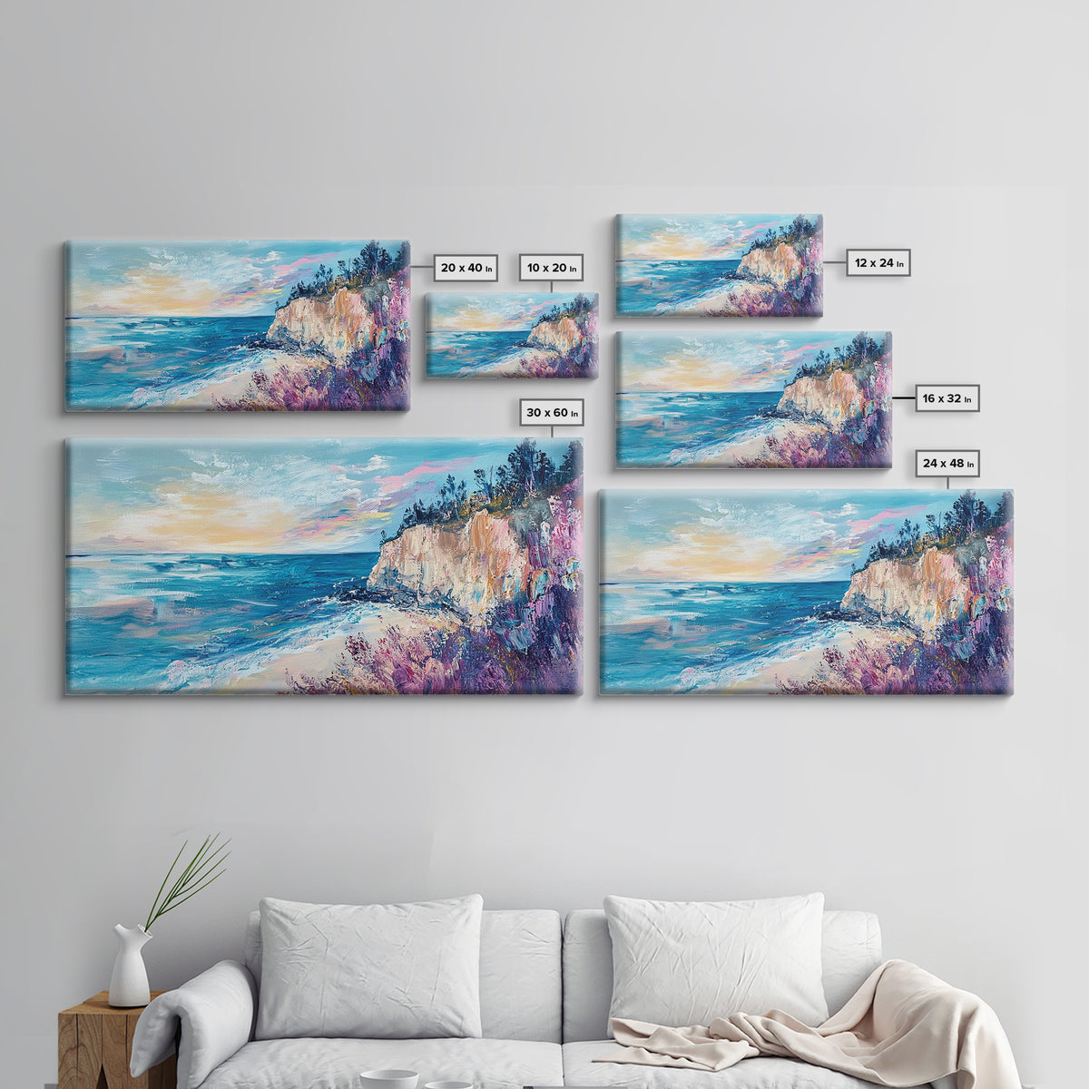 Coastal Cliffs, Sunset Ocean View, Seascape Wall Art, Coastal Landscape Art, Nautical Decor, Framed Canvas Print, Extra Wide Art