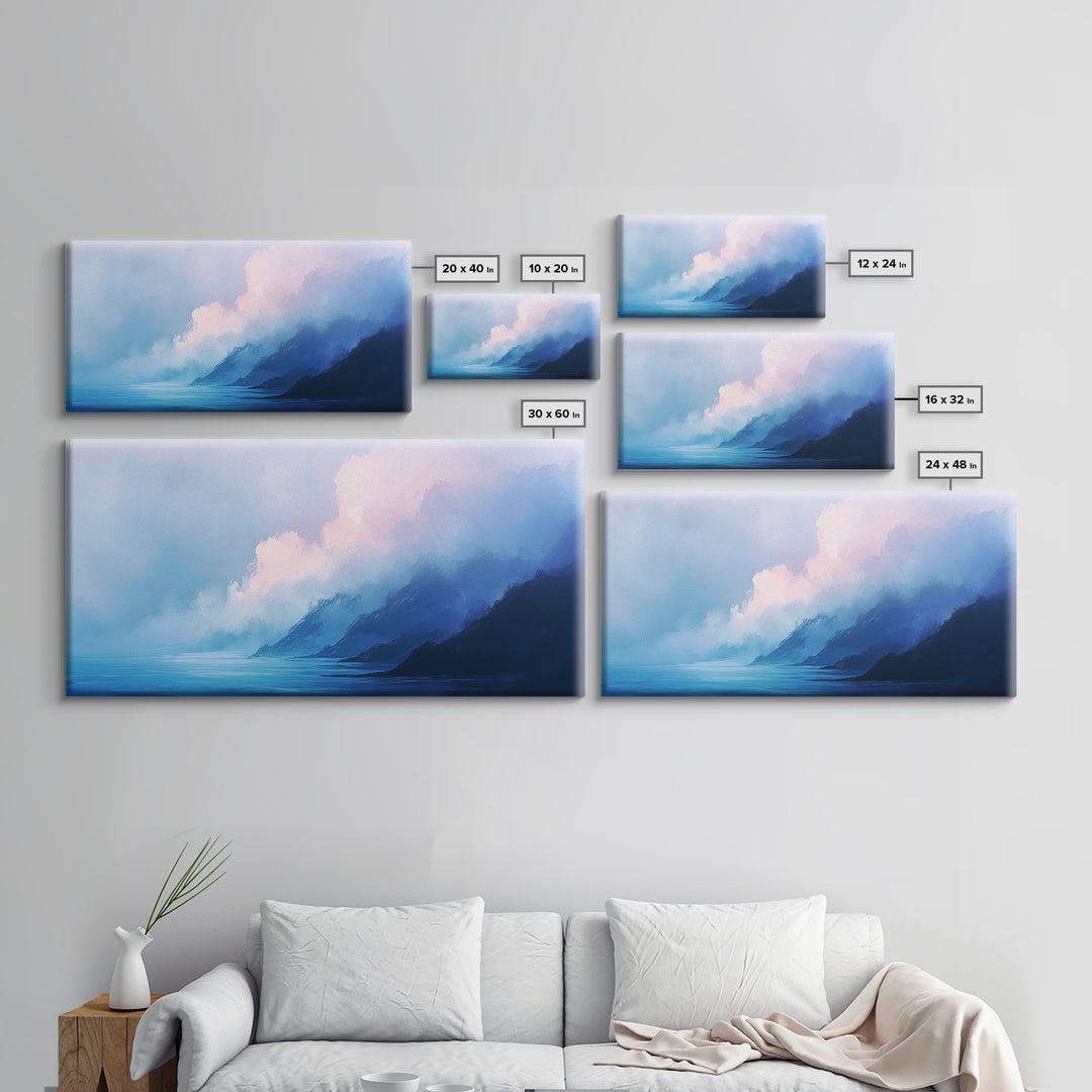 Blue Mountain Mist, Moody Landscape, Coastal Landscape Art, Minimalist Art, Extra Wide Art, Framed Canvas Print, Living Room Art