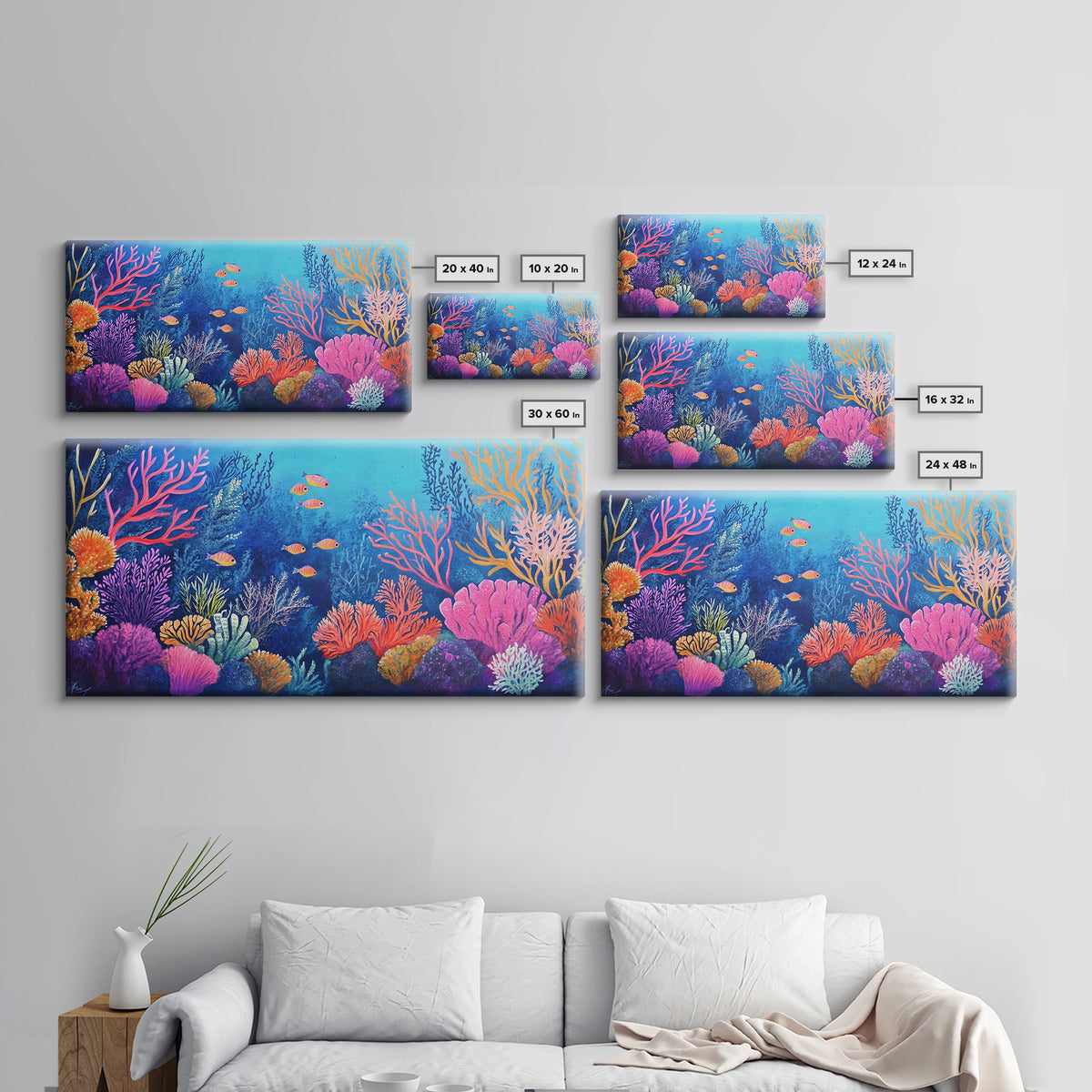Coral Reef, ocean painting, whimsical art, koi fish painting, marine life art, vibrant wall art, coastal decor, Framed Canvas Print