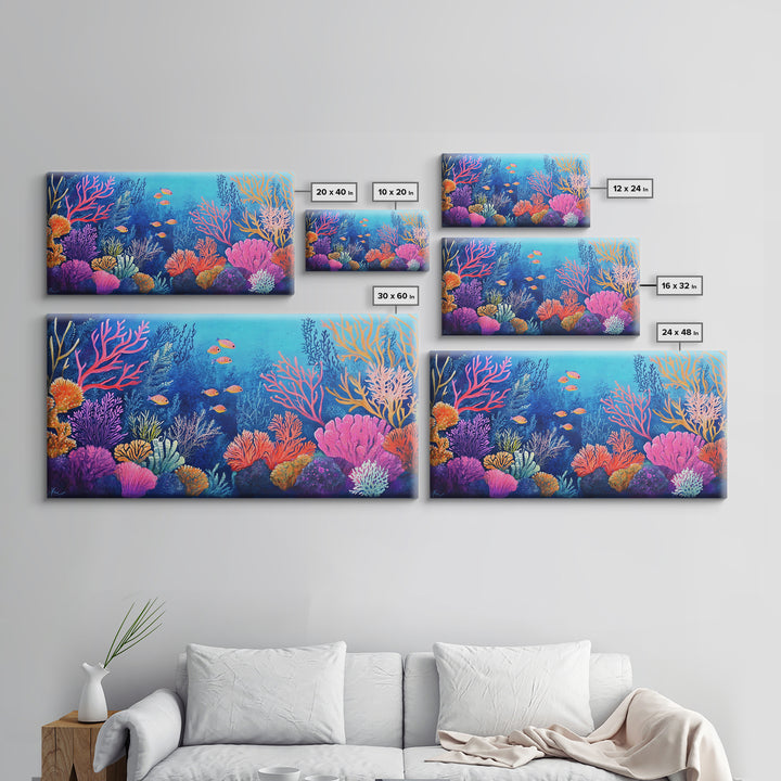 Coral Reef, ocean painting, whimsical art, koi fish painting, marine life art, vibrant wall art, coastal decor, Framed Canvas Print