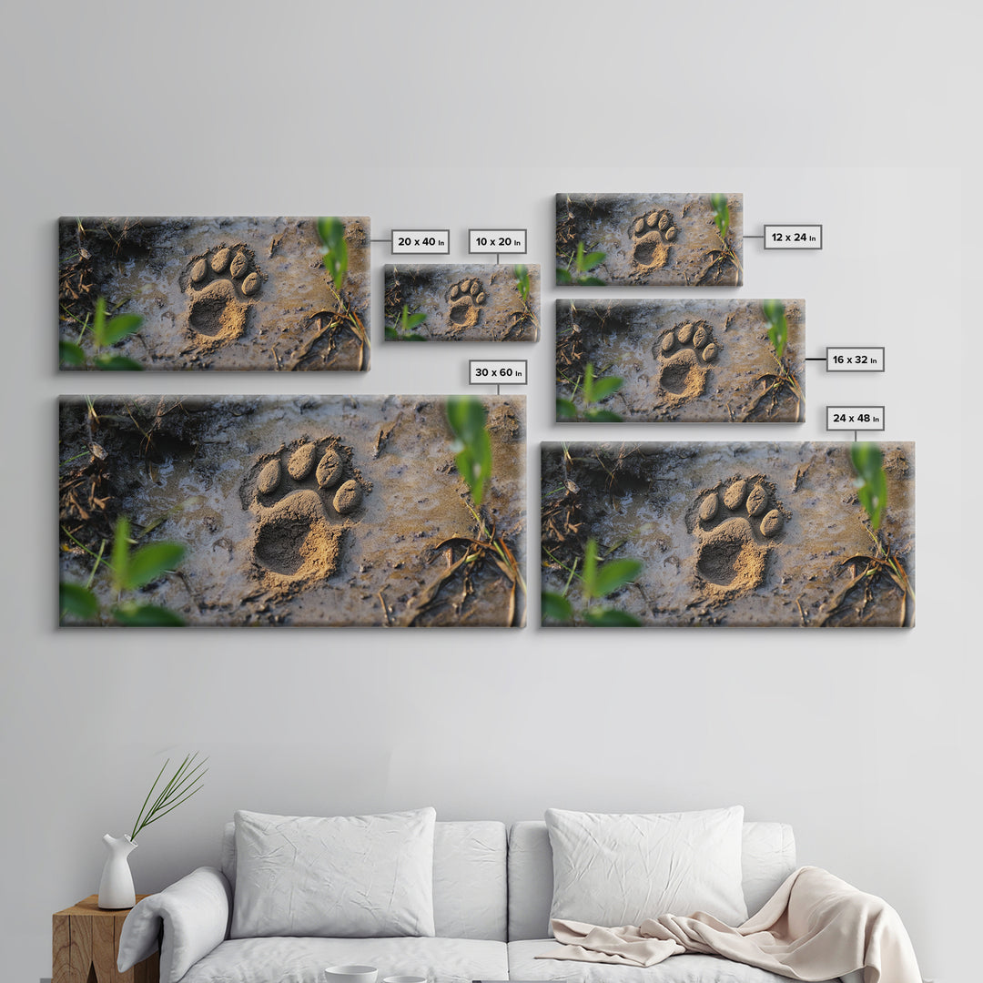 Animal Paw Print, rustic decor, moody art, nature painting, wildlife art, earthy tones, textured wall art, Framed Canvas Print