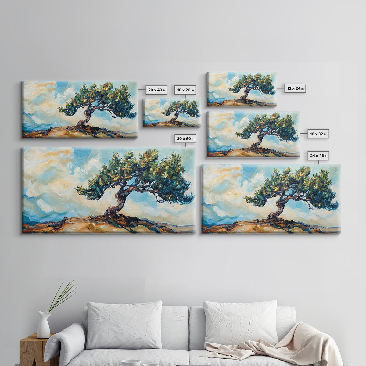 Oak Tree Art, Landscape Painting, Windy Tree Art, Wabi Sabi Art, Rustic Wall Art, Nature Wall Art, Living Room Art, Framed Canvas Print