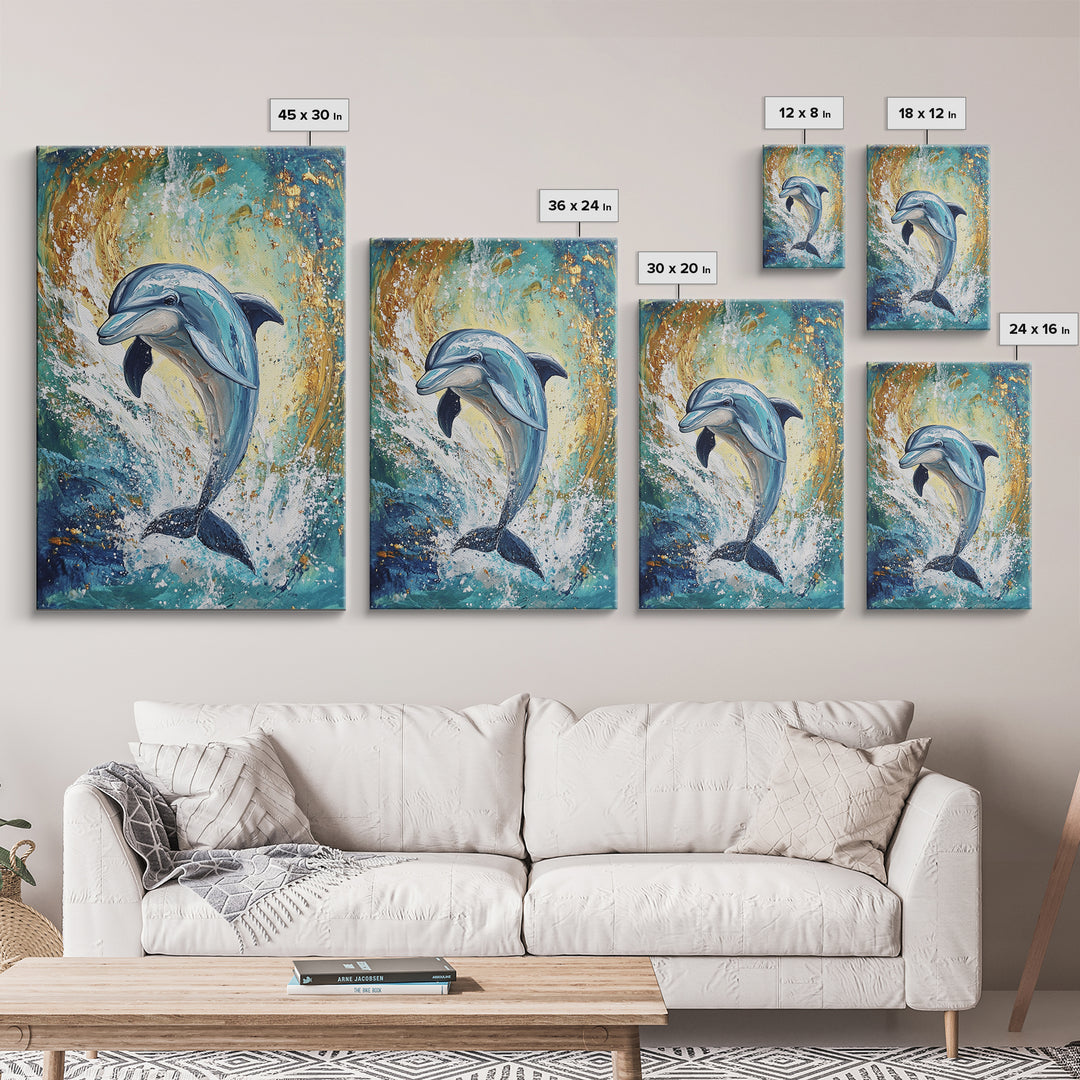 Dolphin, ocean painting, coastal wall art, nautical painting, framed canvas print, blue and green wall art, sea life decor