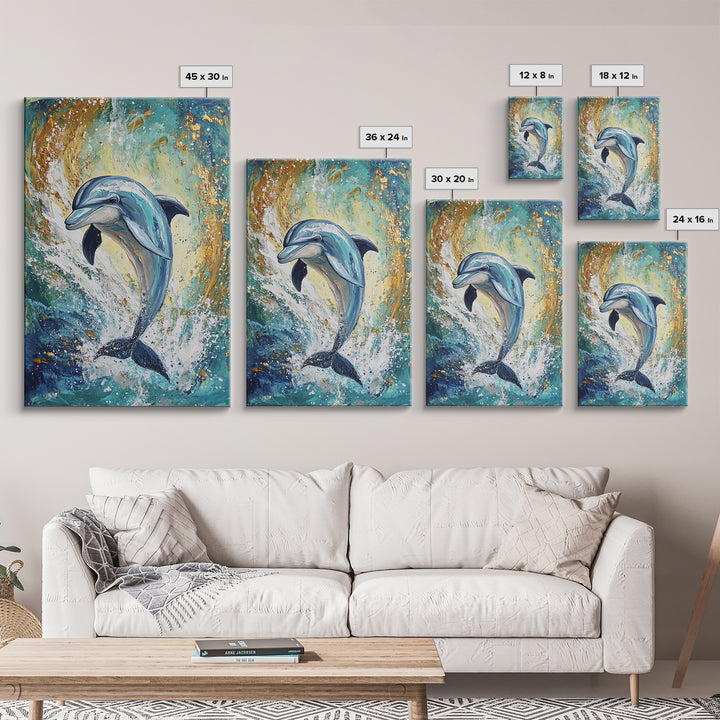 Dolphin, ocean painting, coastal wall art, nautical painting, framed canvas print, blue and green wall art, sea life decor
