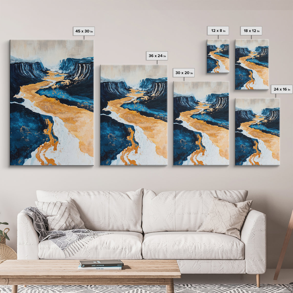 River, landscape painting, panoramic painting, wabi sabi art, framed canvas print, extra wide art, moody art, gold abstract art