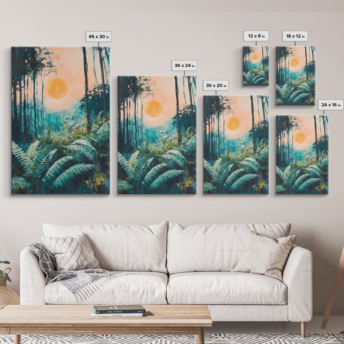 Forest Sunrise Painting, Nature Landscape, Golden Light Art, Pine Tree Art, Warm Moody Decor, Rustic Wall Art, Canvas Print