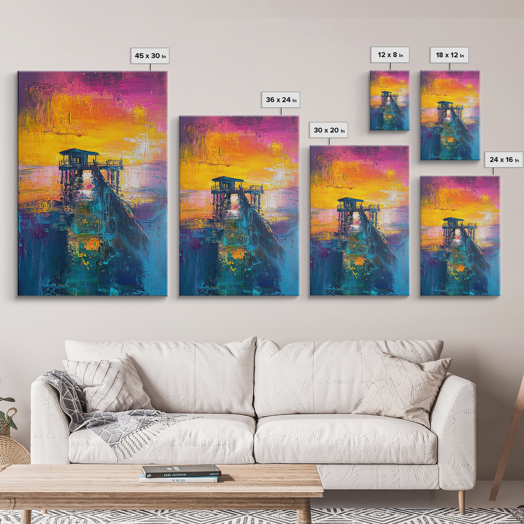 Sunset Pier Painting, Coastal Landscape Art, Vibrant Seascape, Nautical Wall Art, Bold Color Decor, Framed Canvas Print