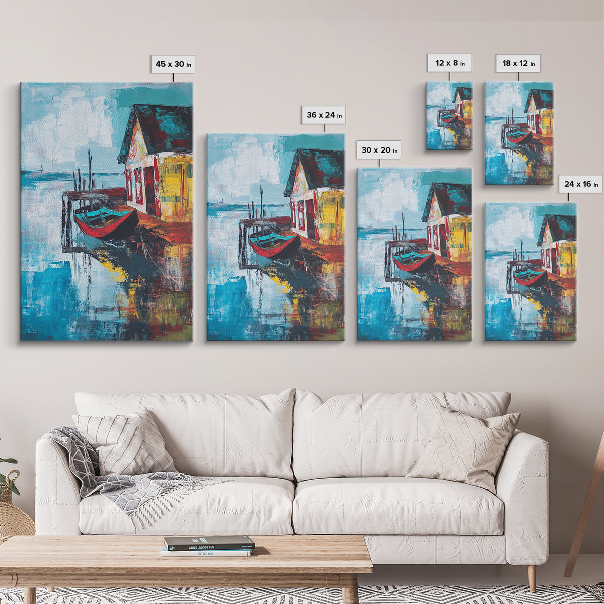 Rustic Boat Painting, Fishing Village Art, Coastal Landscape, Nautical Decor, Rustic Wall Art, Framed Canvas Print