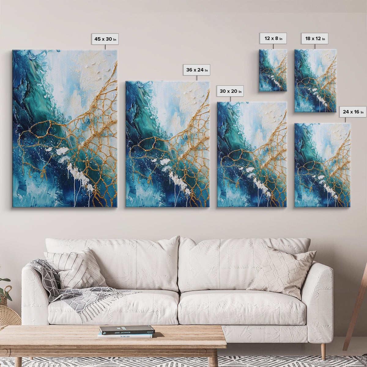 Abstract Ocean Painting, Coastal Wall Art, Blue and Gold Art, Nautical Decor, Contemporary Seascape, Canvas Print