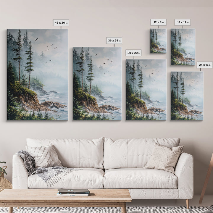 Coastal Cliff, ocean waves, pine tree art, landscape painting, coastal wall art, rustic decor, framed canvas print, nautical art