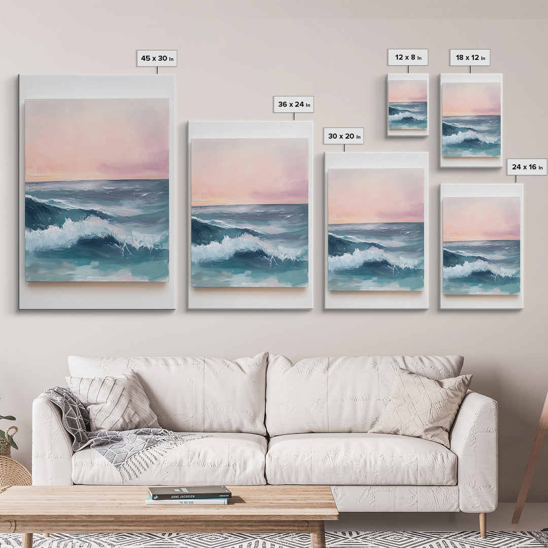 Ocean Sunset Waves, coastal decor, nautical painting, pink orange wall art, coastal landscape art, Canvas Print