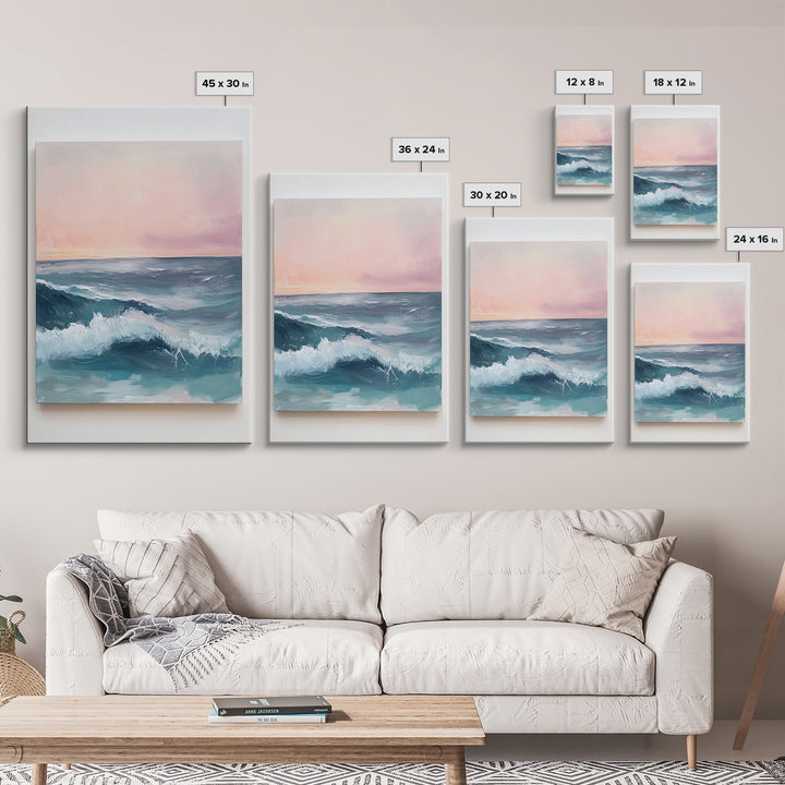 Ocean Sunset Waves, coastal decor, nautical painting, pink orange wall art, coastal landscape art, Canvas Print