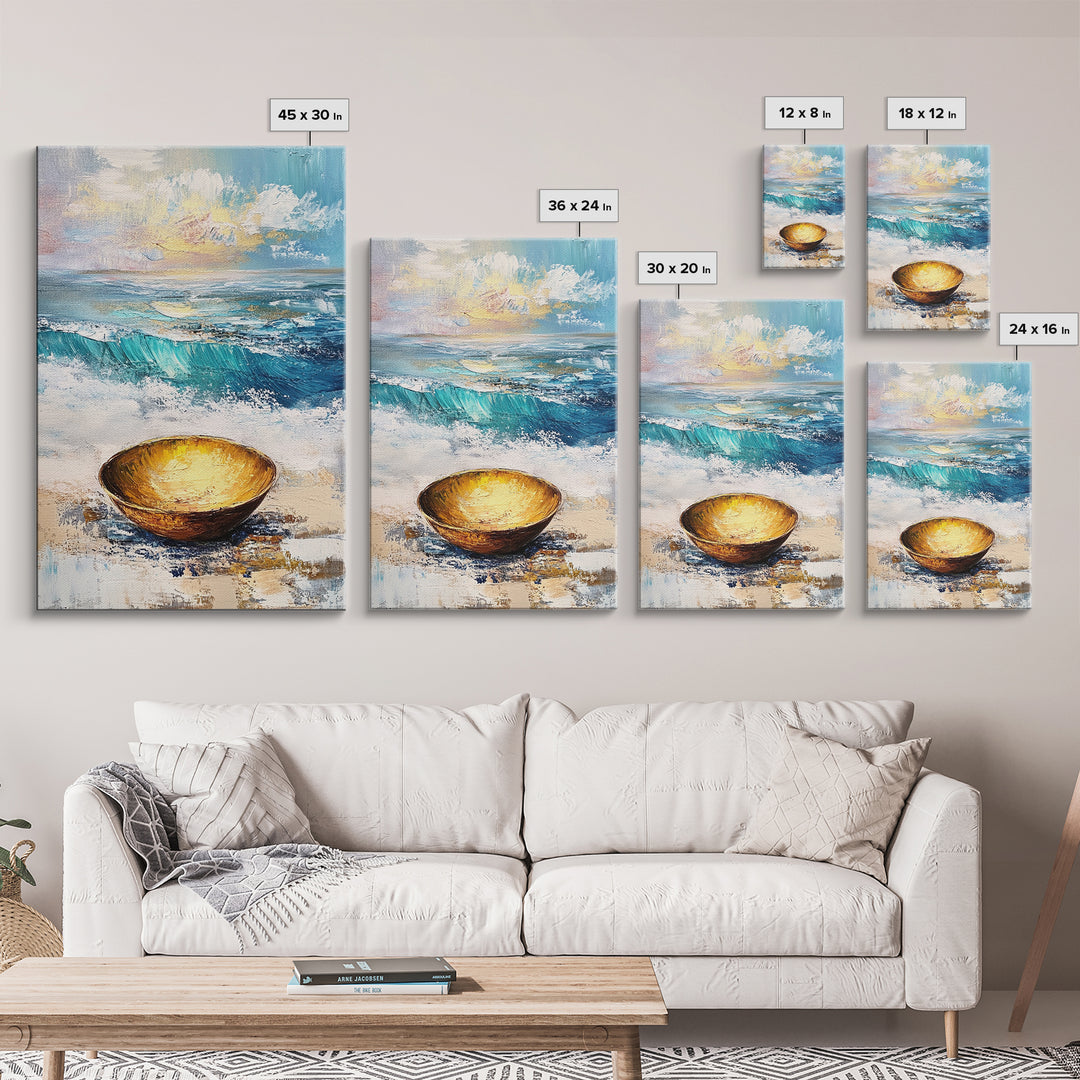 Ocean and Golden Bowl, coastal decor, nautical wall art, rustic wall art, abstract painting, seascape painting, Canvas Print