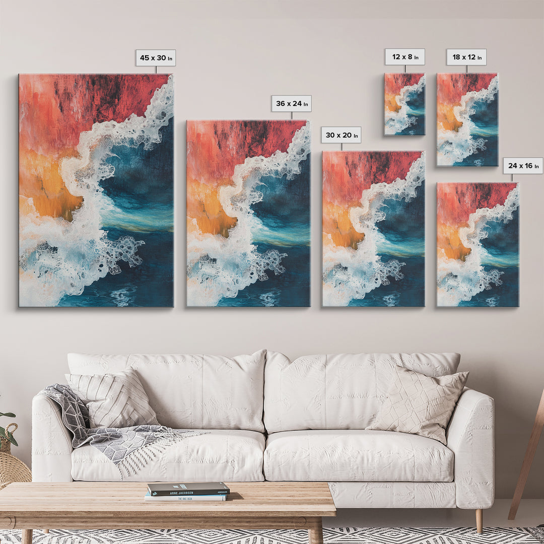 Fiery Ocean Wave, pink orange wall art, coastal landscape art, teal wall art, moody art, ocean abstract art, Framed Canvas Print