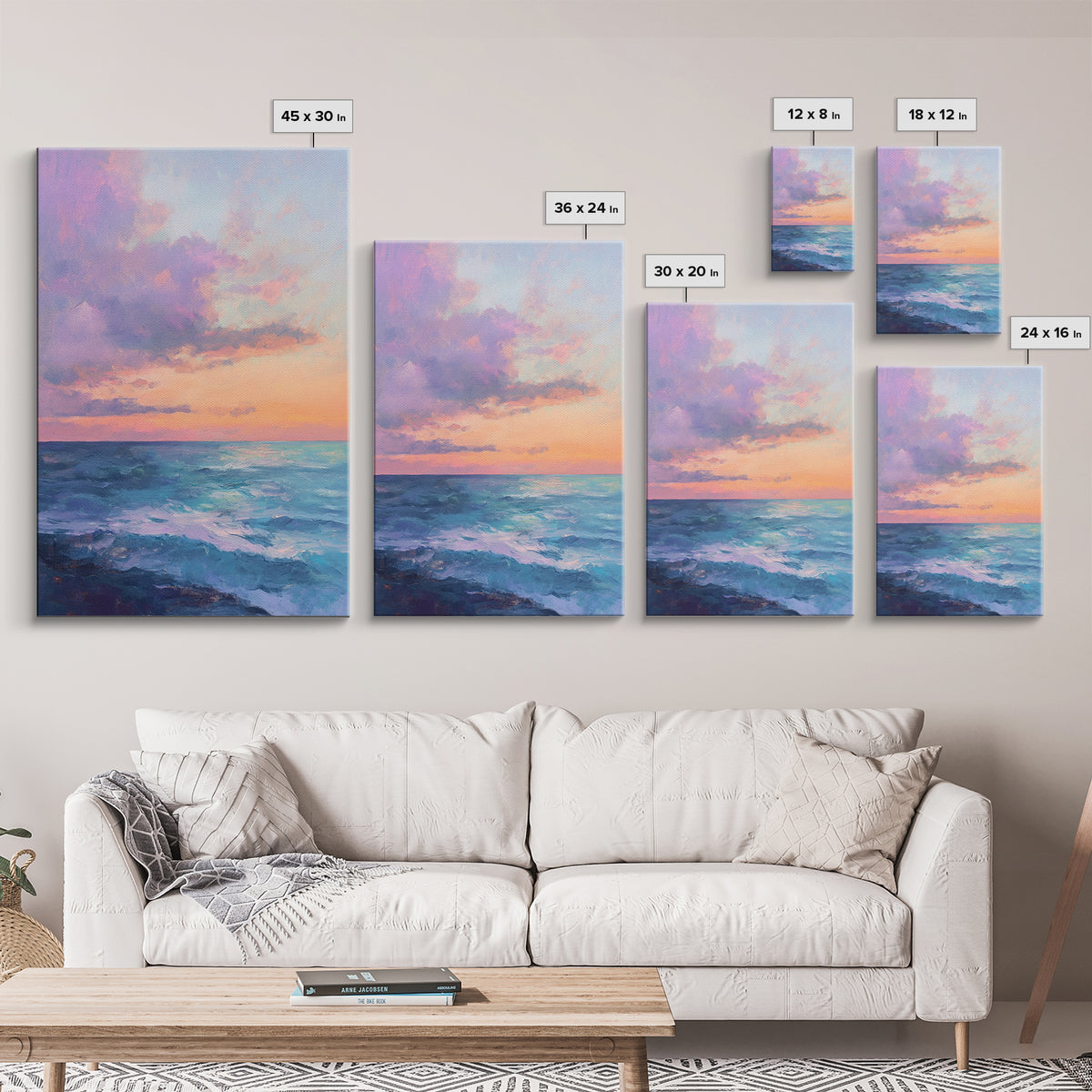 Ocean Sunset View, coastal landscape art, pink orange wall art, seascape painting, framed canvas print, bedroom art, nautical decor