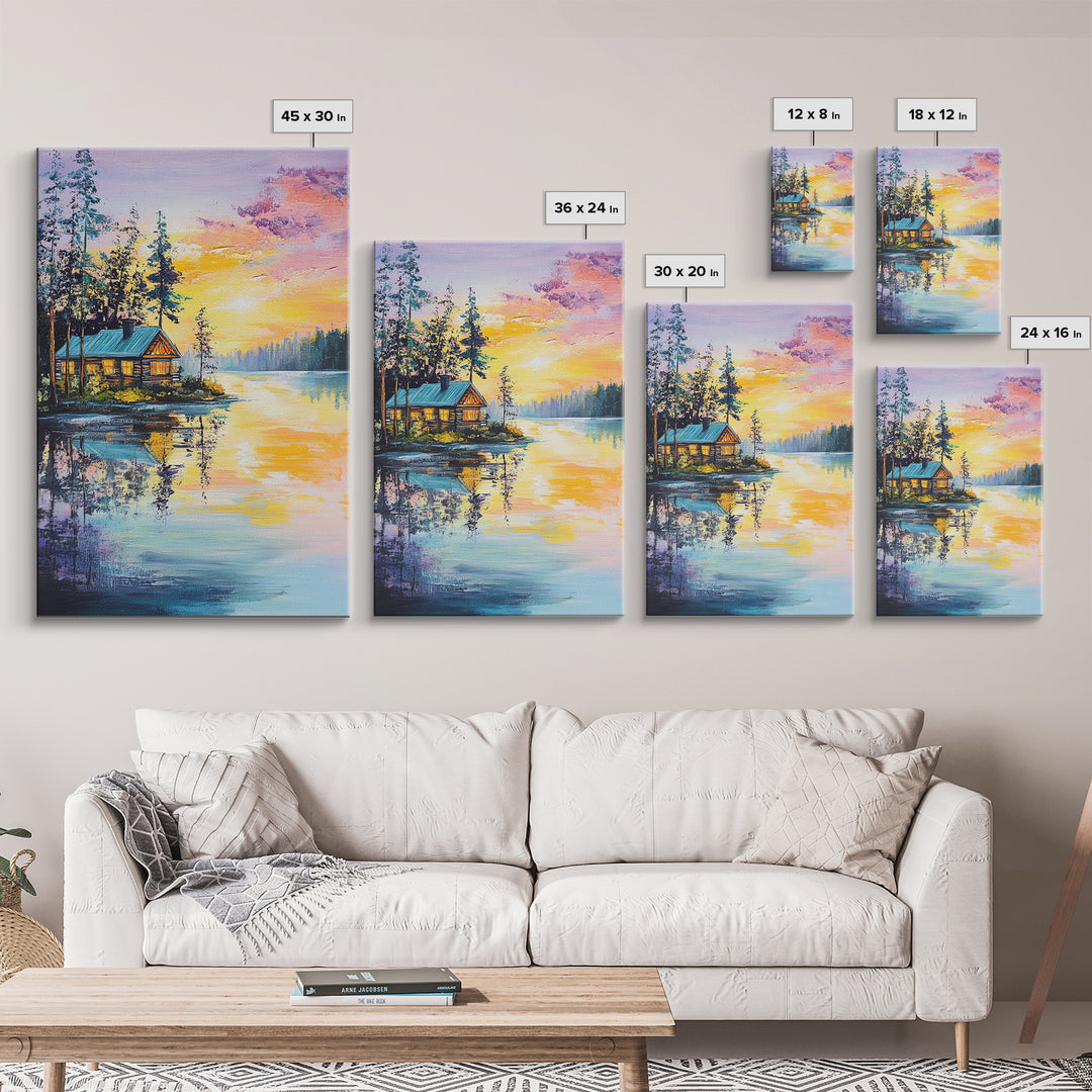 Cabin, Lake, Sunset, Framed Canvas Print, landscape painting, rustic wall art, above bed wall art, pine tree art, above sofa art
