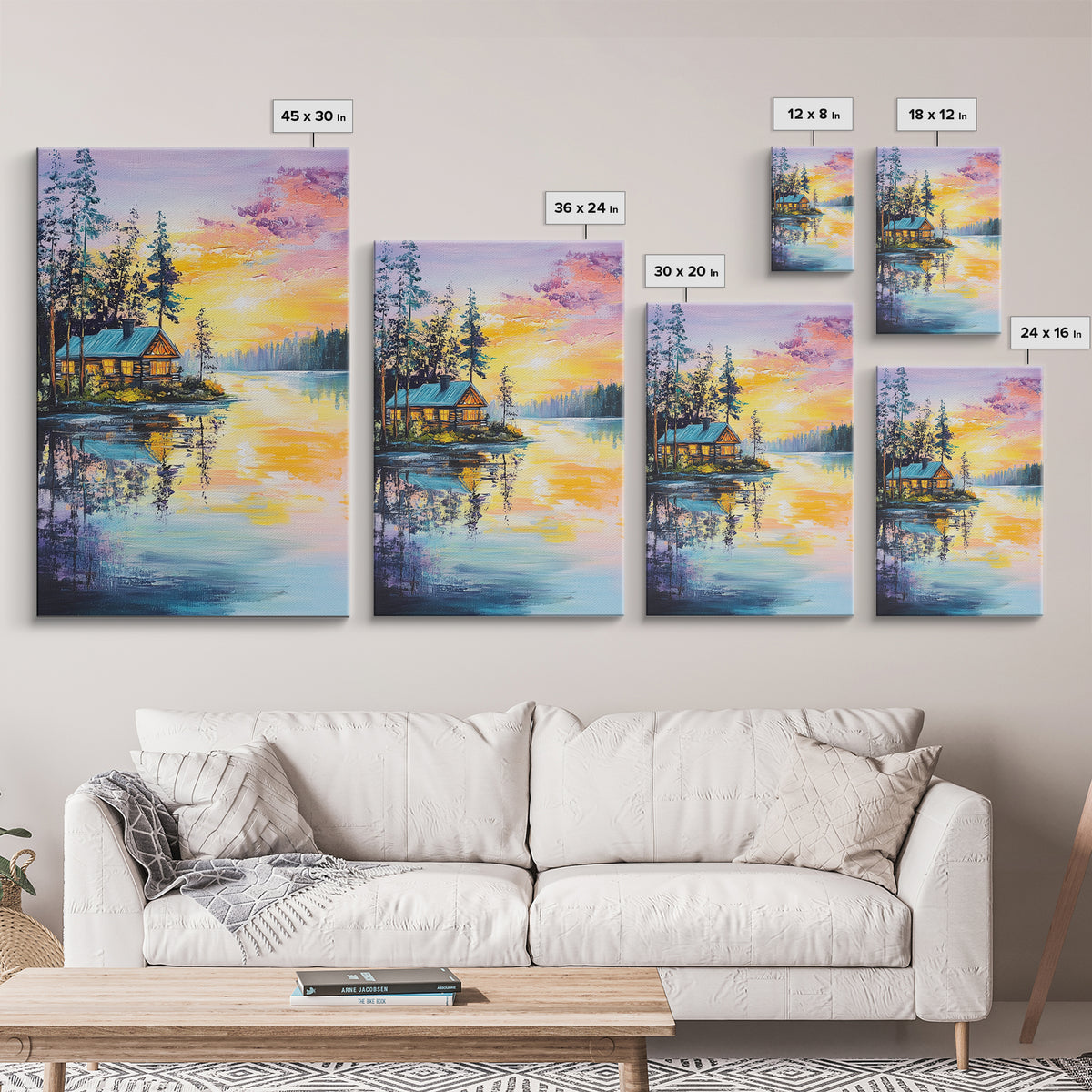 Cabin, Lake, Sunset, Framed Canvas Print, landscape painting, rustic wall art, above bed wall art, pine tree art, above sofa art