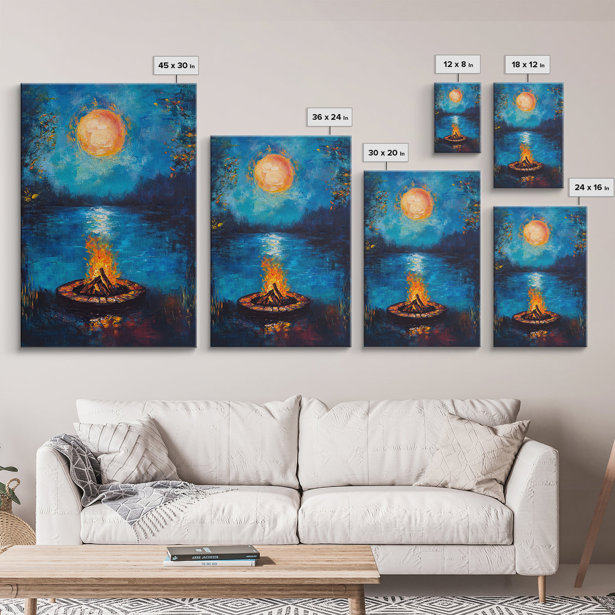 Campfire, Moonlight, Reflection, Framed Canvas Print, landscape painting, moody art, rustic wall art, blue and green wall art, bedroom art