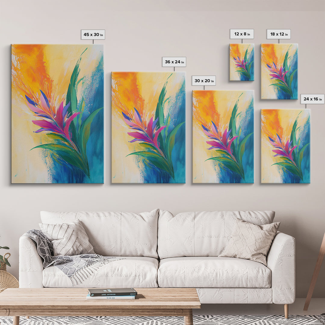 Bird of Paradise, Floral, Vibrant, Framed Canvas Print, botanical prints, tropical art, wildflower painting, boho art, pink orange wall art
