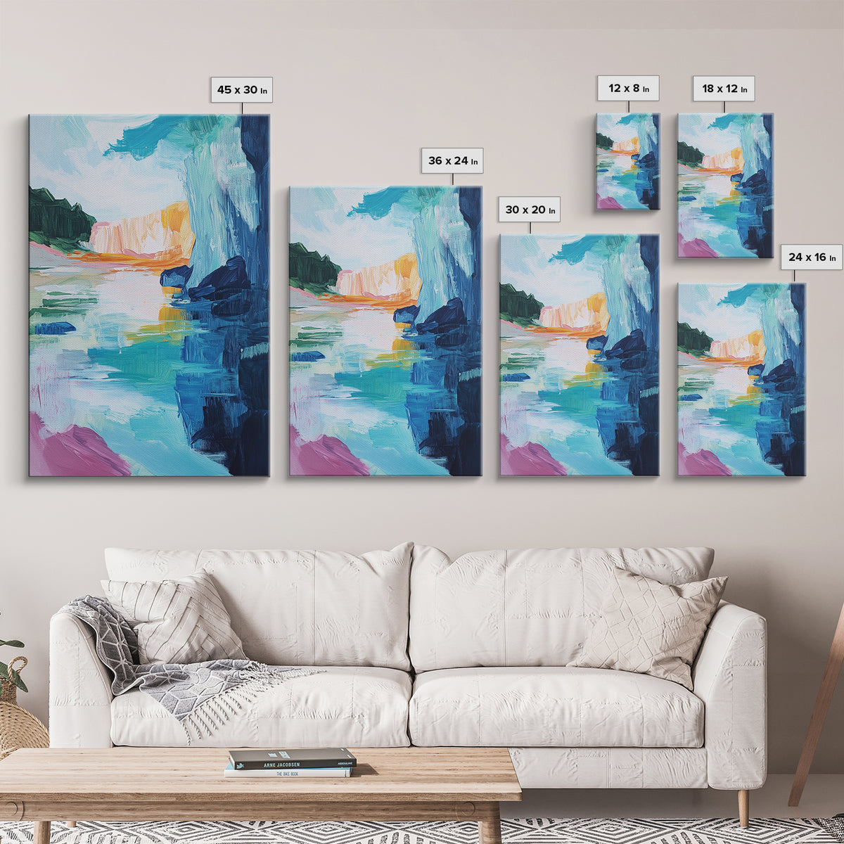 Canyon Lake, landscape painting, southwest wall art, moody art, blue and green wall art, extra wide art, Canvas Print, seascape painting