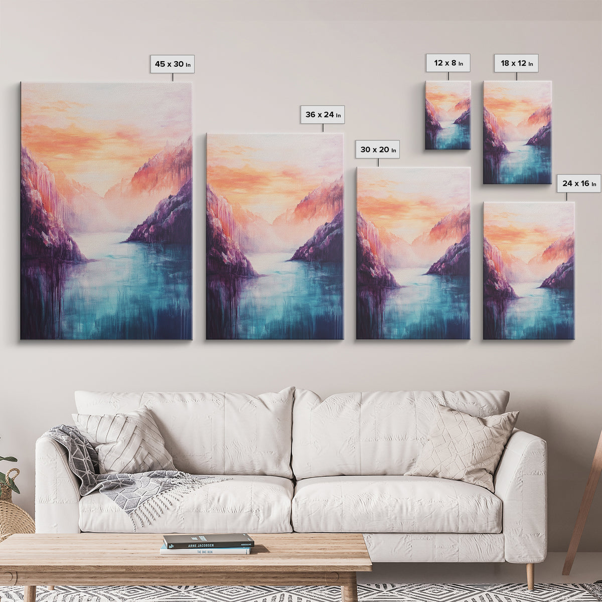 coastal decor, mountain painting, pink orange wall art, sunrise painting, landscape painting, Framed Canvas Print, abstract wall art