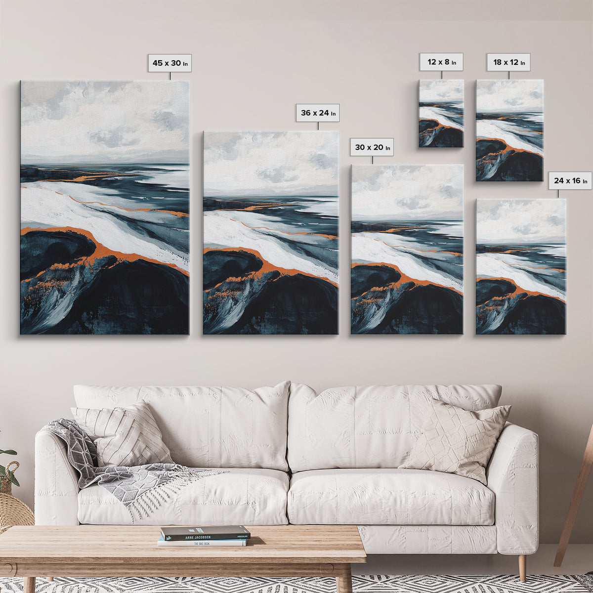 abstract seascape painting, blue and green wall art, modern coastal decor, wabi sabi art, Framed Canvas Print, extra wide art, moody art