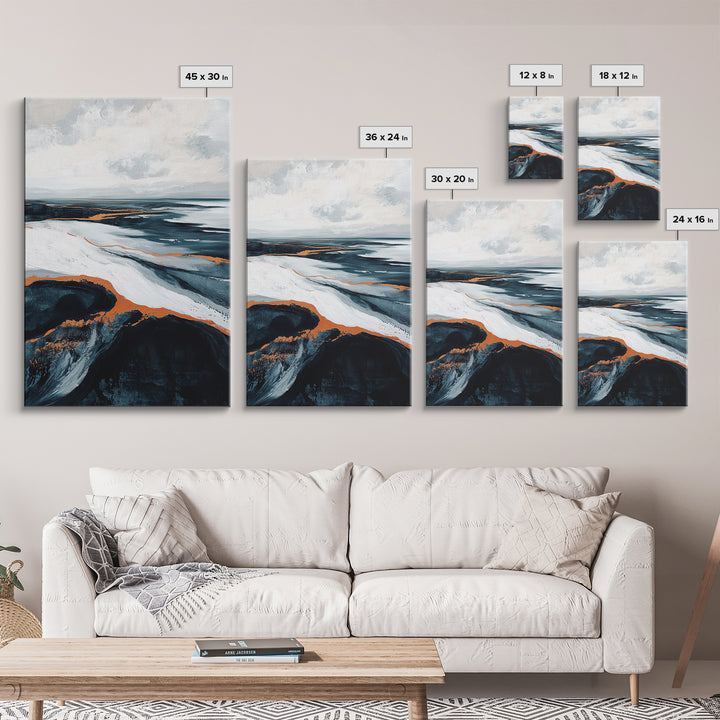 abstract seascape painting, blue and green wall art, modern coastal decor, wabi sabi art, Framed Canvas Print, extra wide art, moody art