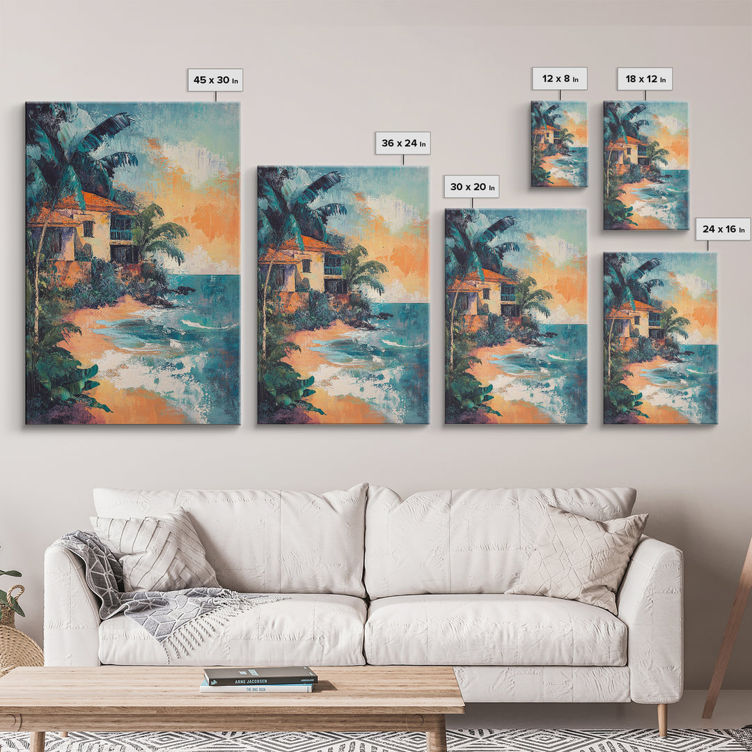 Coastal House, Tropical Art, Nautical Wall Art, Seascape Painting, Canvas Print, Palm Tree Art, Rustic Decor, Coastal Cowgirl Wall Art