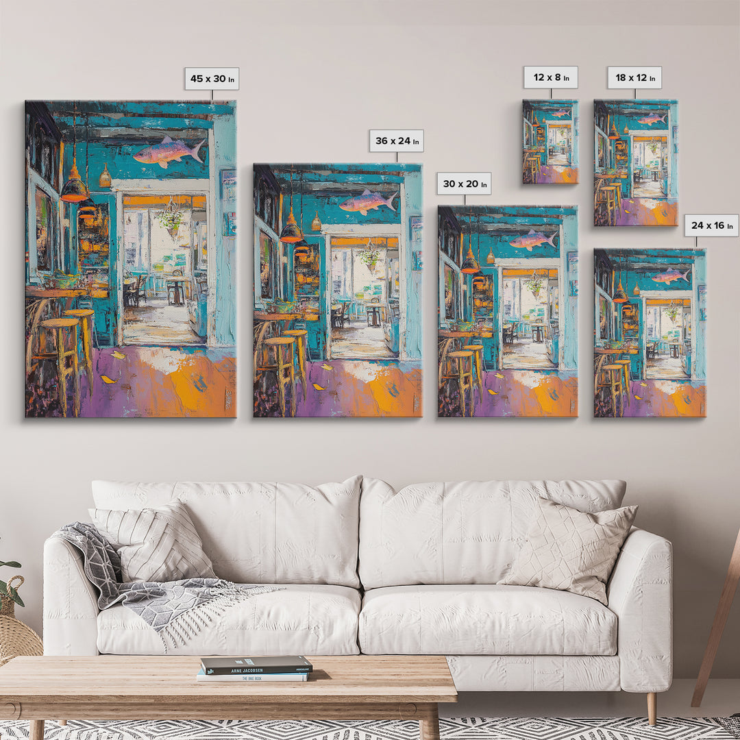 Rustic Bar Painting, Food Review Kitchen Art, Coastal Landscape Art, Canvas Print, Whimsical Art, Nautical Decor, Living Room Art