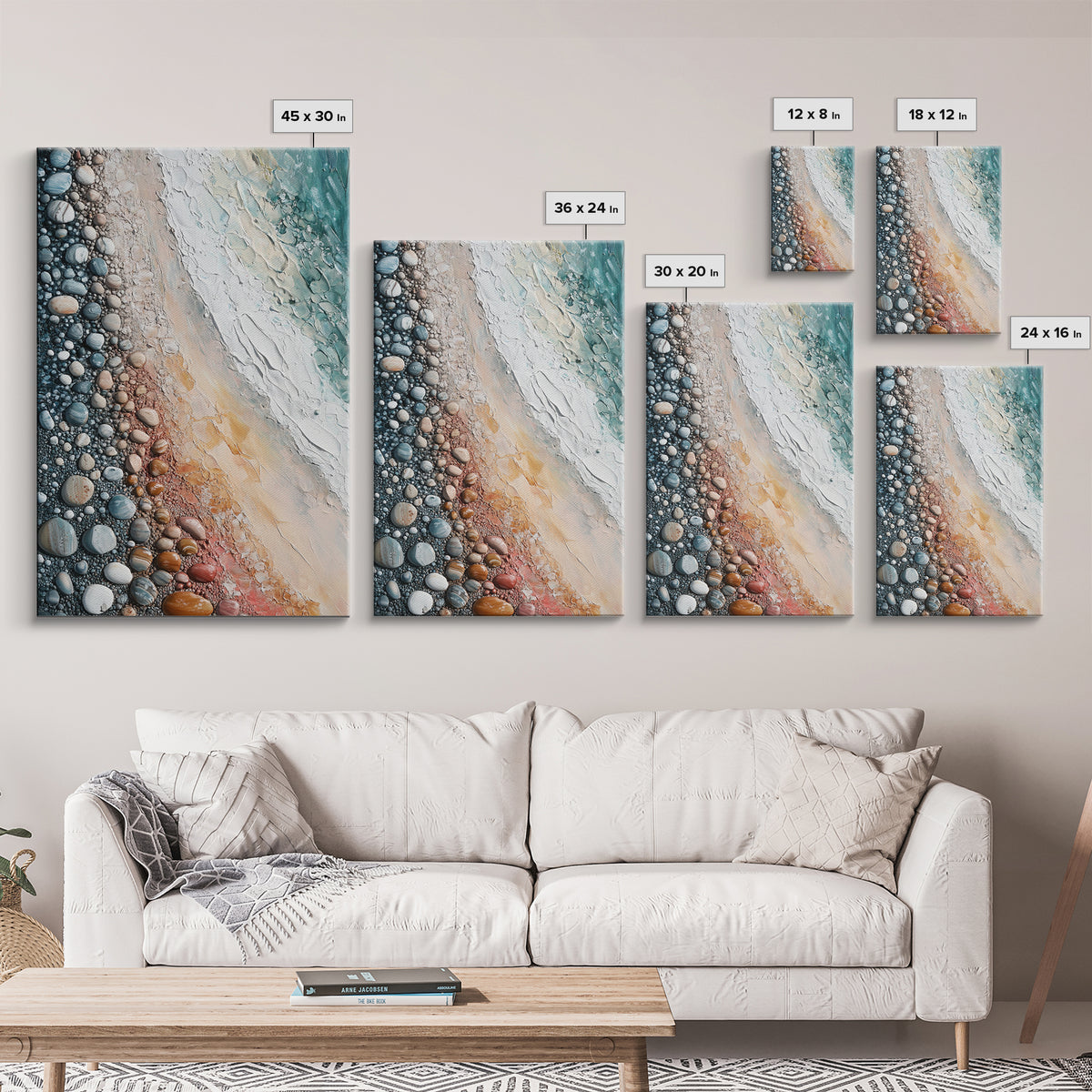 Pebble Beach, coastal painting, nautical decor, wabi sabi art, abstract seascape, textured wall art, ocean print, canvas print