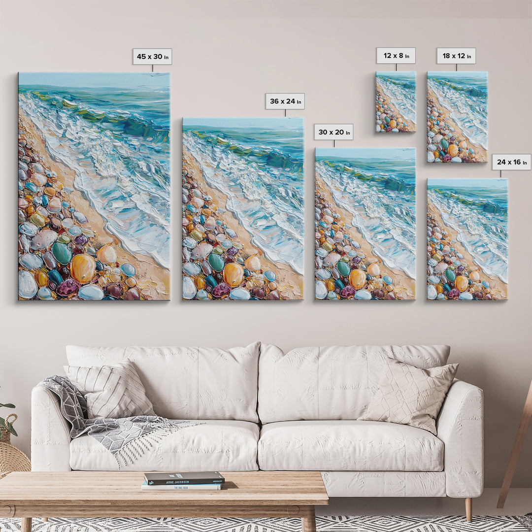 Ocean Shore, beach painting, coastal landscape art, nautical wall art, living room art, abstract seascape, framed canvas print