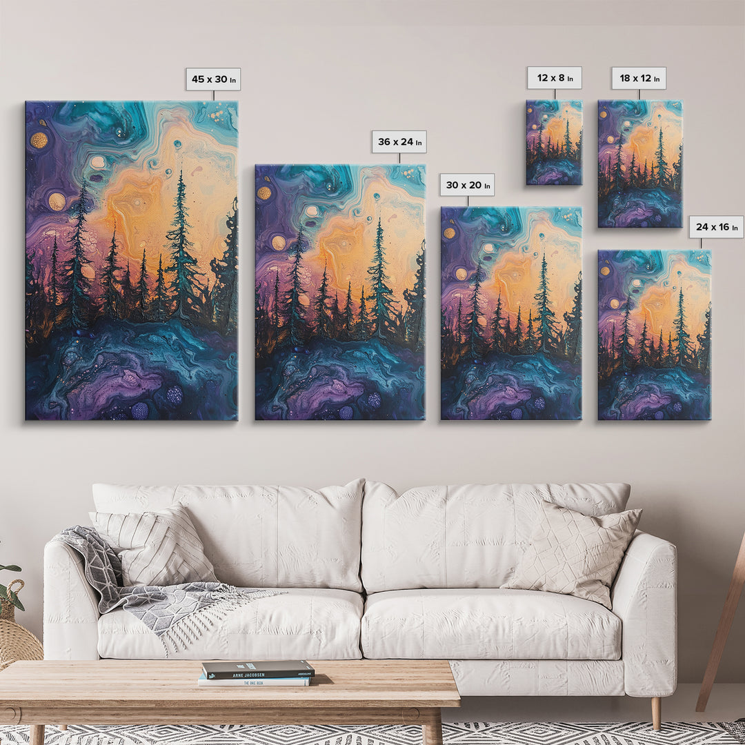 Cosmic Trees, forest at dusk painting, pine tree art, fantasy landscape, moody art, celestial wall art, mystical art, canvas print