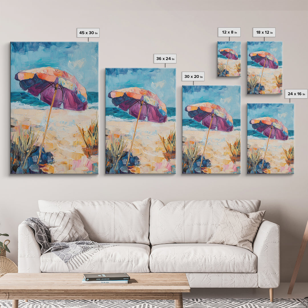 Beach Umbrella, Coastal Wall Art, Seascape Painting, Nautical Decor, Ocean Painting, Coastal Landscape Art, Framed Canvas Print