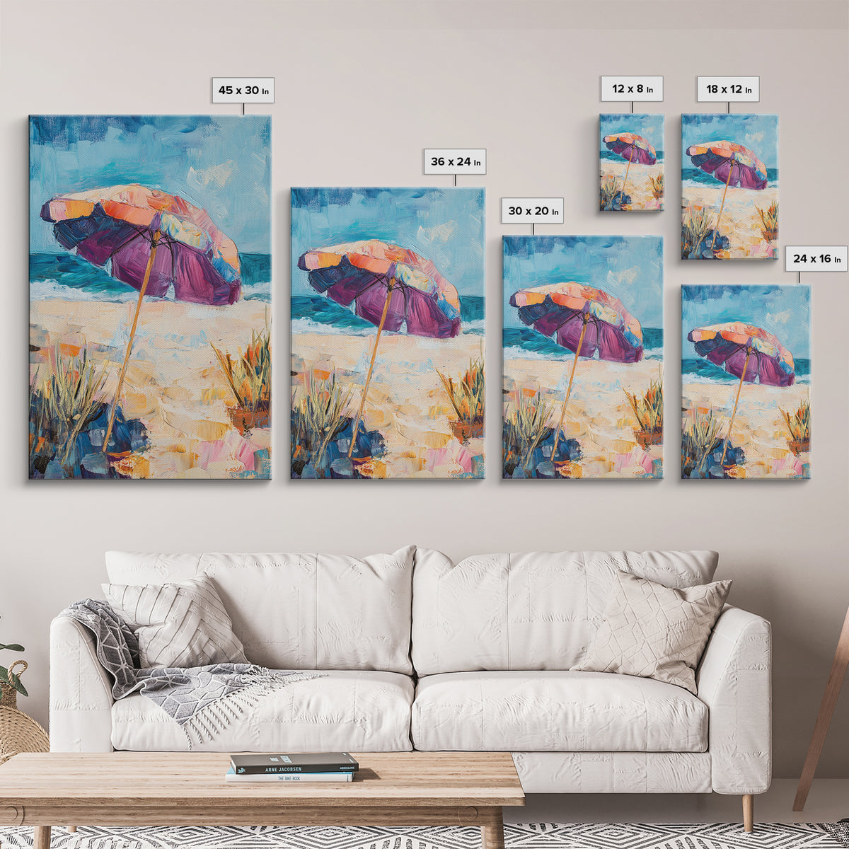 Beach Umbrella, Coastal Wall Art, Seascape Painting, Nautical Decor, Ocean Painting, Coastal Landscape Art, Framed Canvas Print