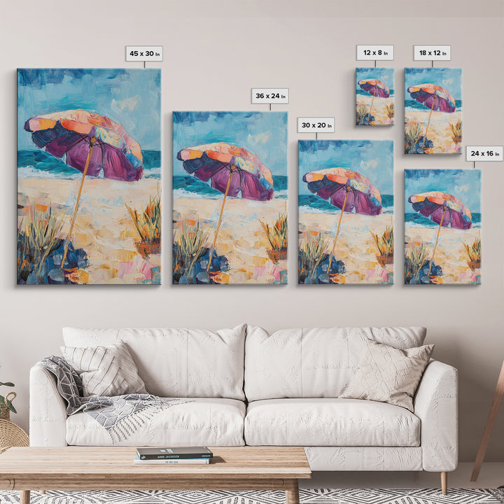 Beach Umbrella, Coastal Wall Art, Seascape Painting, Nautical Decor, Ocean Painting, Coastal Landscape Art, Framed Canvas Print
