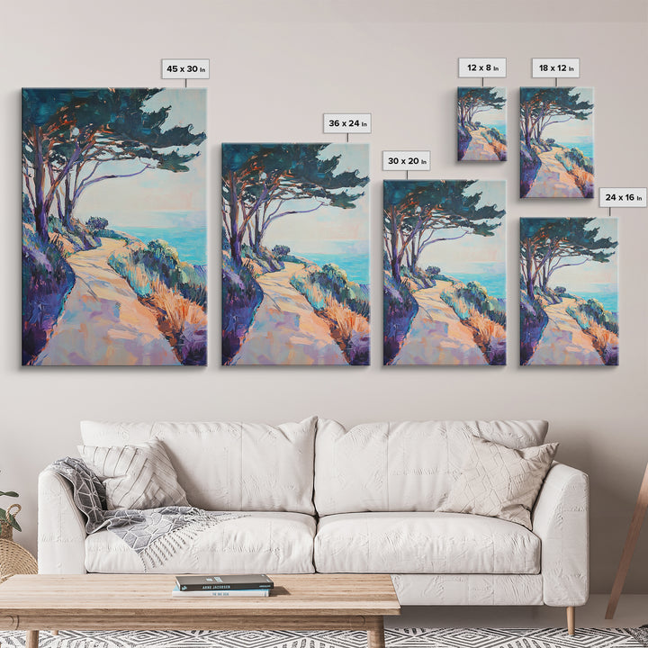 Ocean Cliff Path, coastal landscape art, pine tree art, rustic wall art, blue and green wall art, framed canvas, above bed wall art