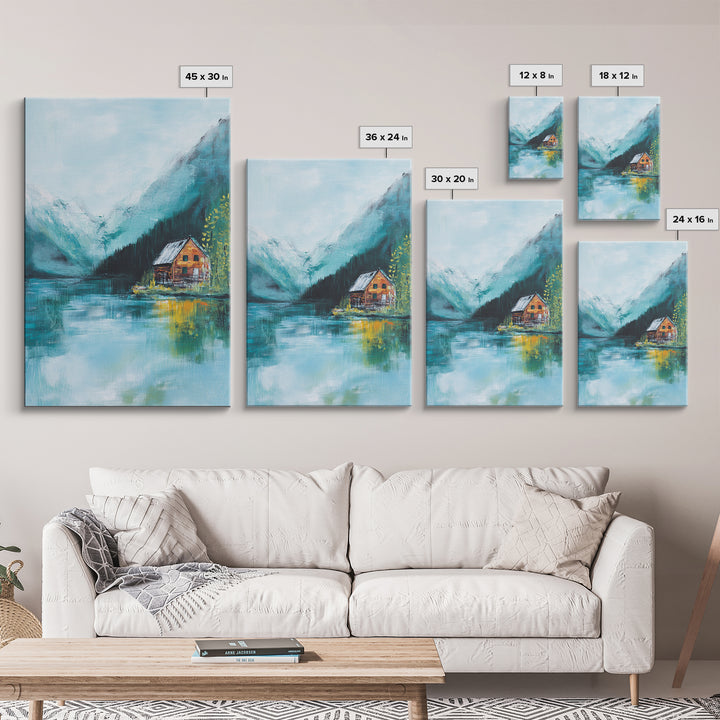 Cabin by Lake, lake Tahoe art, mountain painting, rustic wall art, bedroom art, nature wall art, framed canvas print, home decor