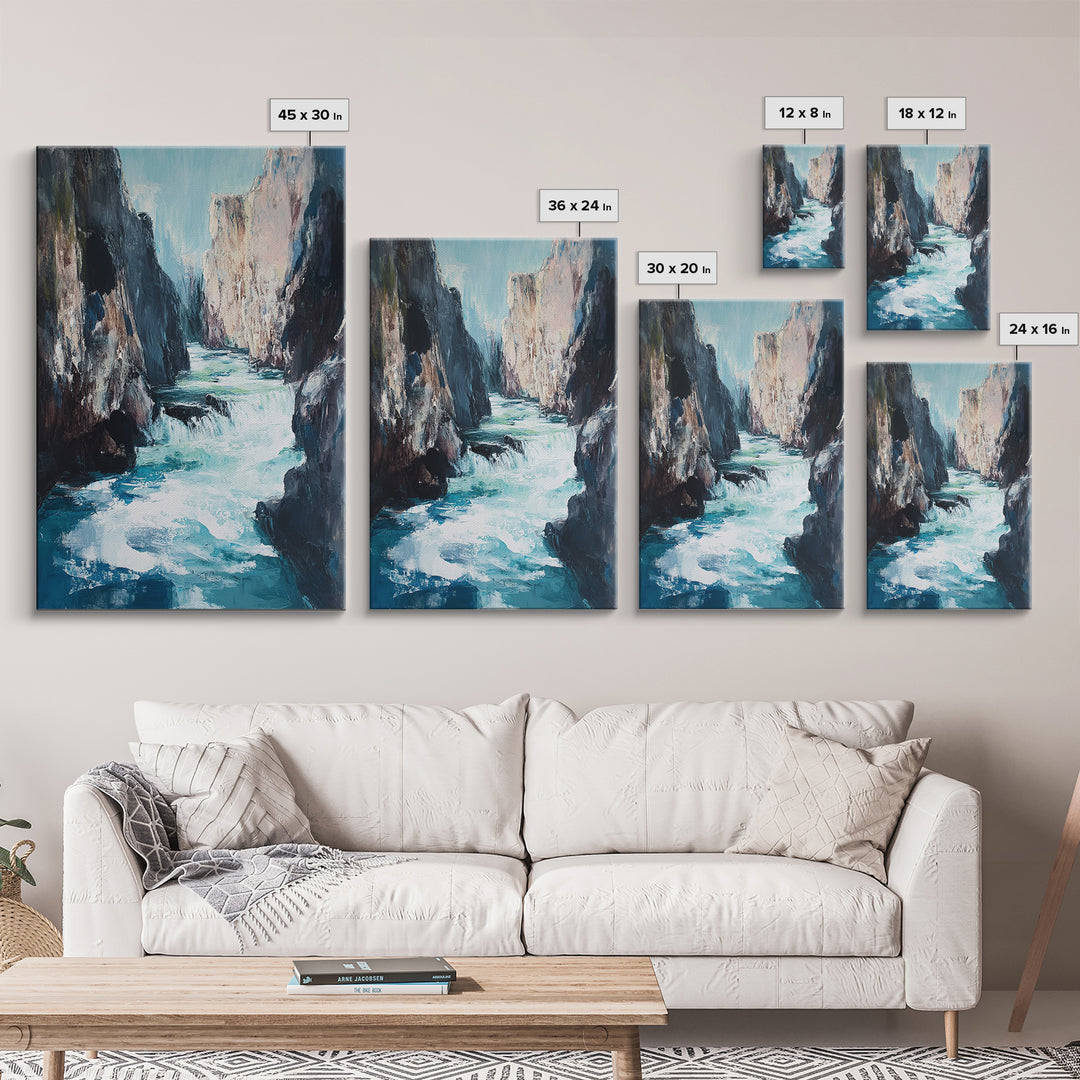 Rocky Waterfall, Moody Landscape, Canvas Print, Nature Painting, Rustic Decor, Adventure Art, Southwest Wall Art, Tall Narrow Art