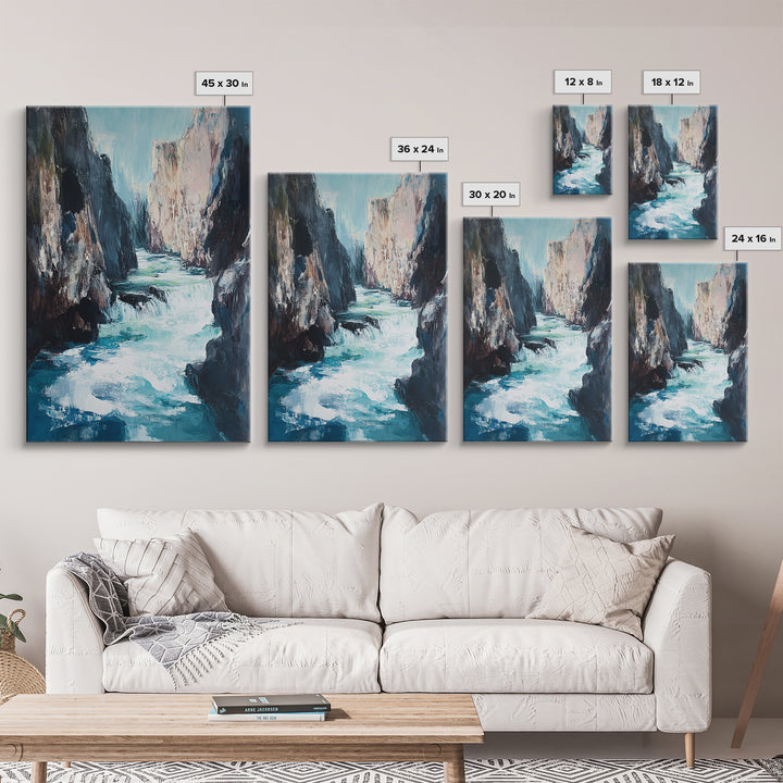 Rocky Waterfall, Moody Landscape, Canvas Print, Nature Painting, Rustic Decor, Adventure Art, Southwest Wall Art, Tall Narrow Art