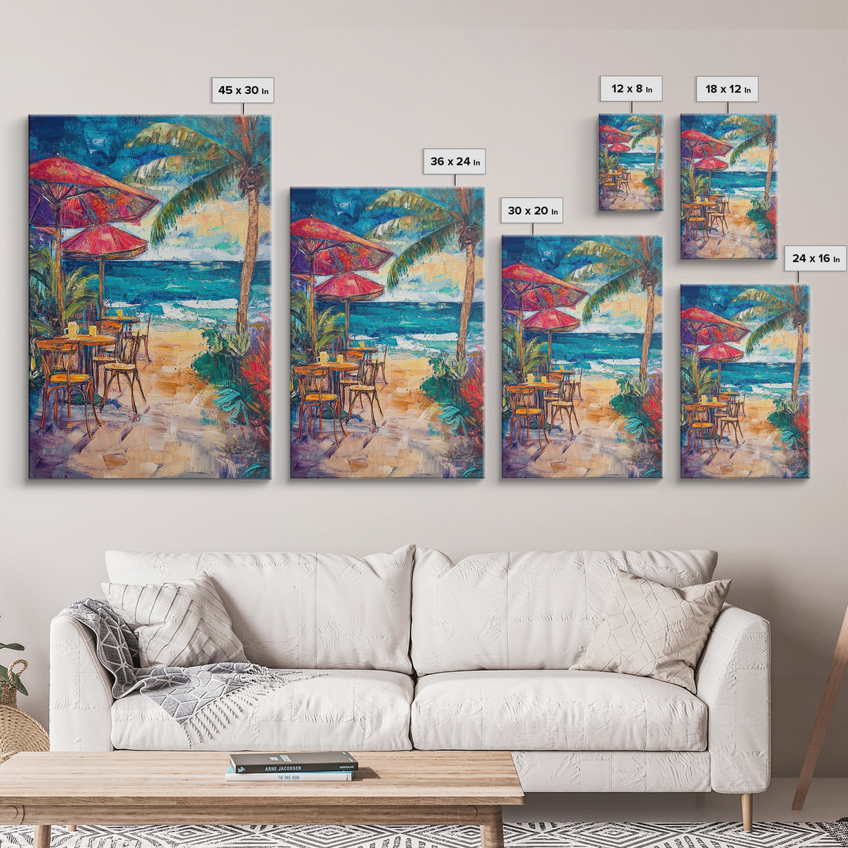 Beach Café, Coastal Landscape Art, Nautical Wall Art, Ocean Art, Seascape Painting, Coastal Decor, Canvas Print, Above Sofa Art