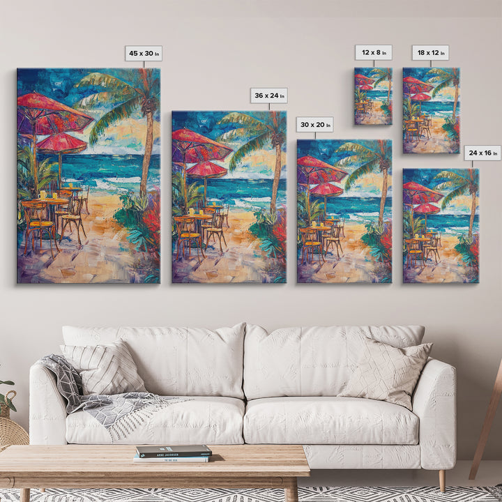 Beach Café, Coastal Landscape Art, Nautical Wall Art, Ocean Art, Seascape Painting, Coastal Decor, Canvas Print, Above Sofa Art