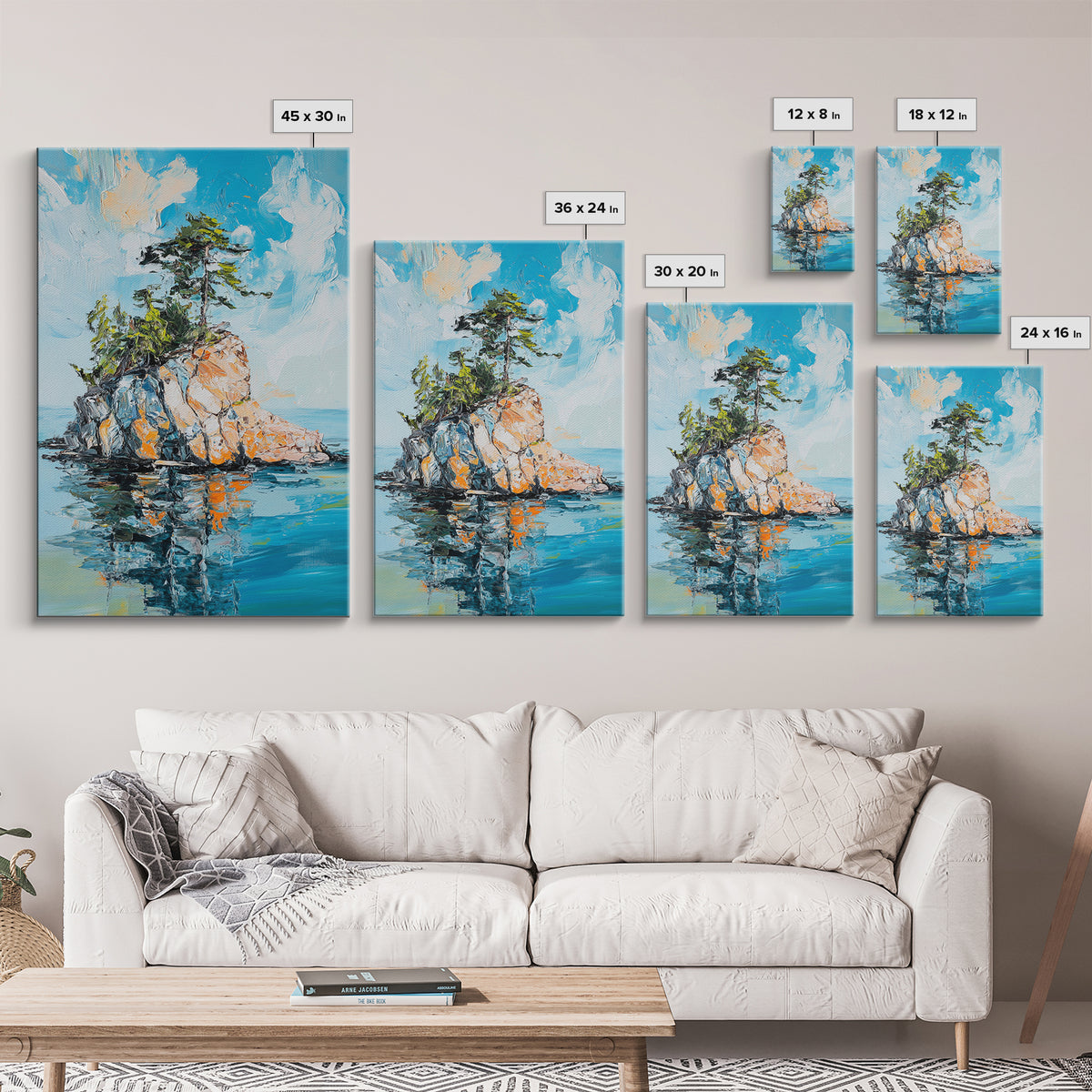 Rocky Island, Nature Painting, Canvas Print, Coastal Landscape Art, Ocean Wall Art, Nautical Decor, Living Room Art, Gift Idea